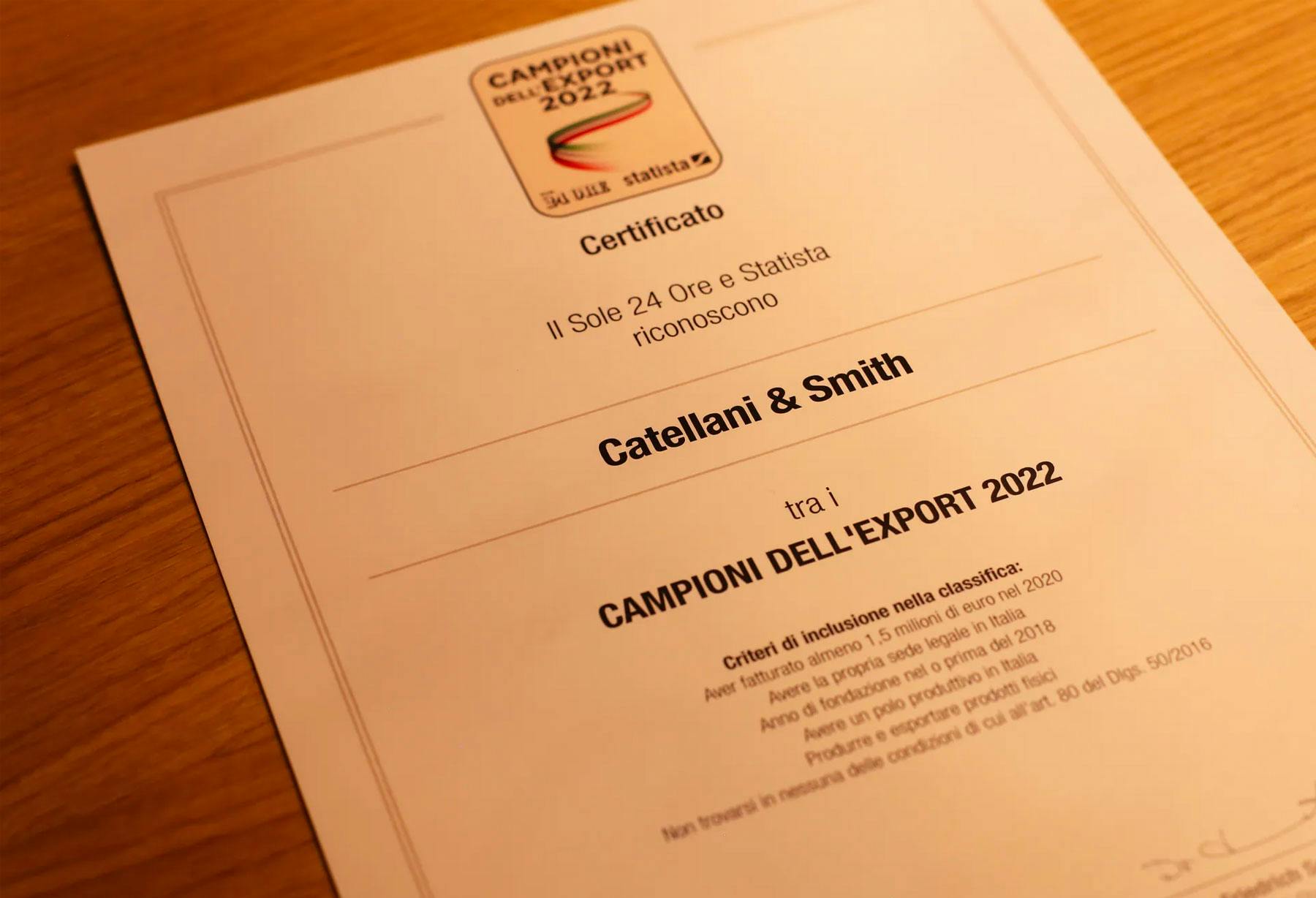 <p>Il Sole 24 Ore newspaper, in collaboration with the well-known independent German research institute, selects Catellani &amp; Smith as one of the 200 Italian firms that obtained outstanding export results in 2020.</p>
